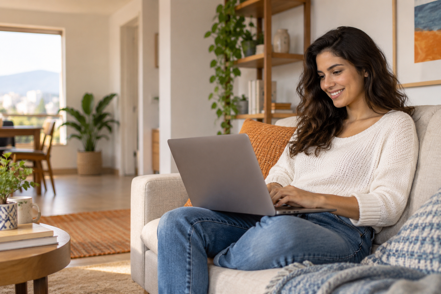 Una mujer utiliza su computador portátil en casa